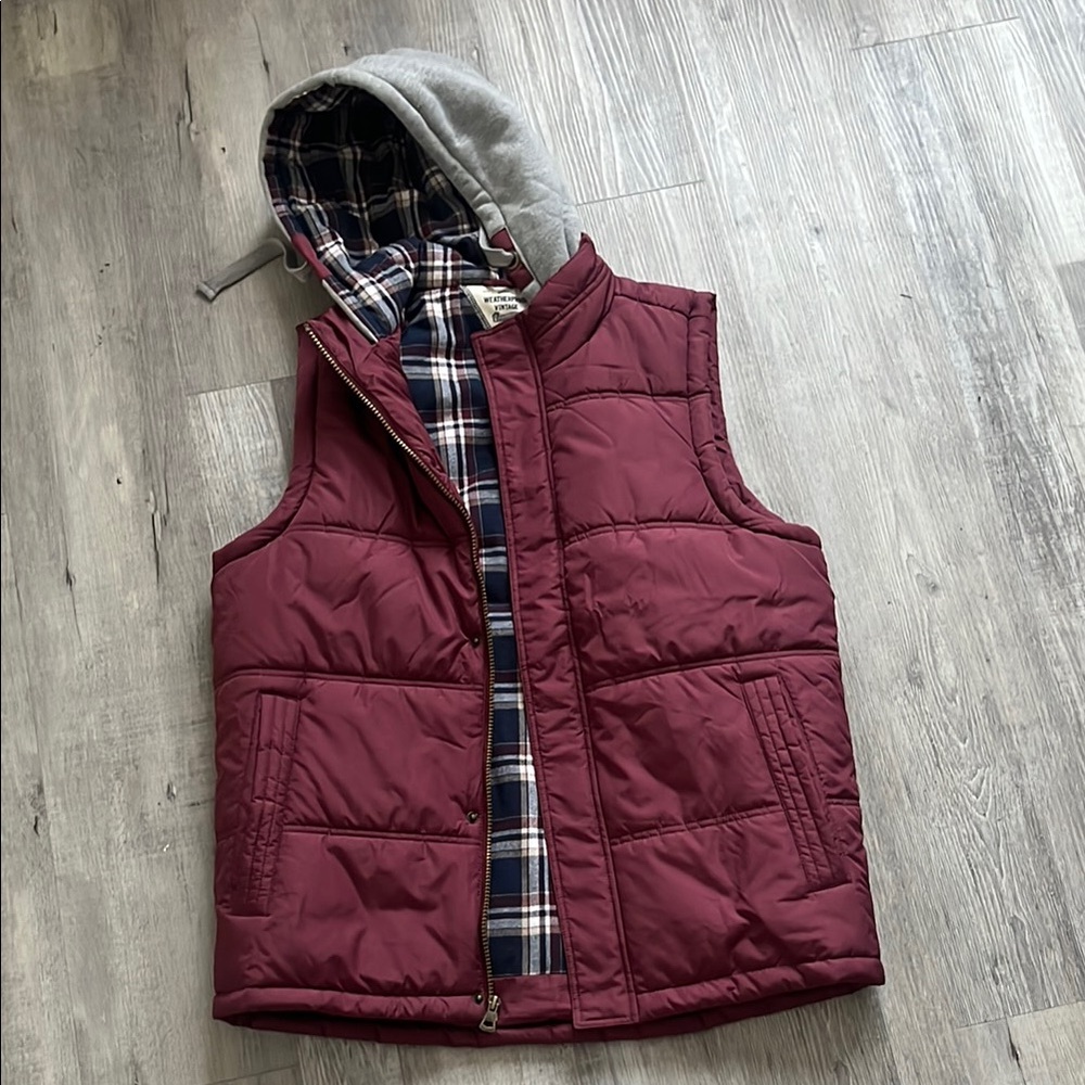 Burgundy Hooded Vest with Plaid Lining